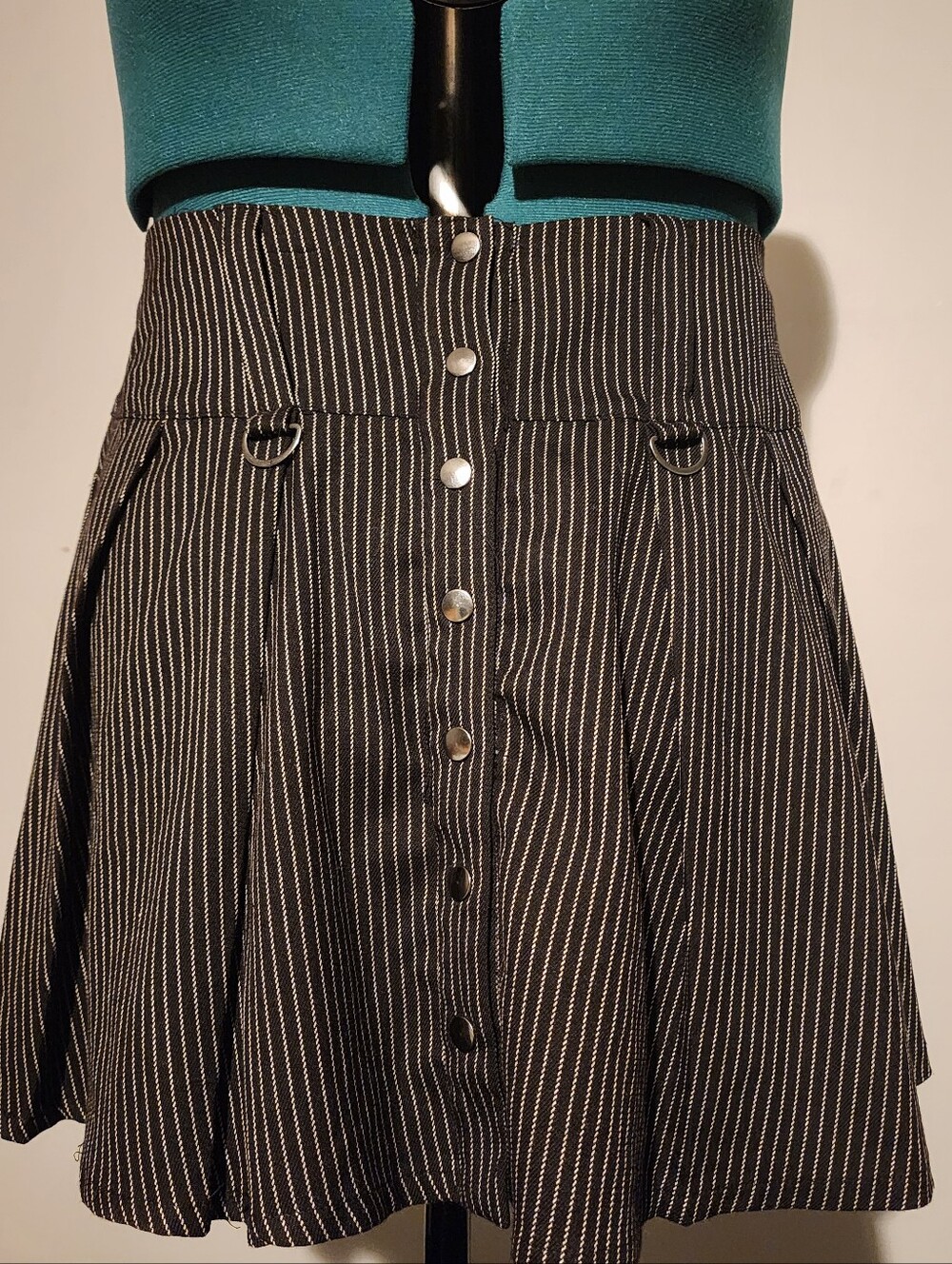 Hot Topic Black and White Pinstripe Skater Skirt with Silver Buttons